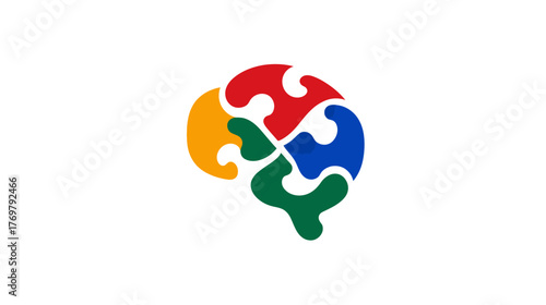 Abstract brain shape created from puzzle pieces in red, blue, green, and orange
