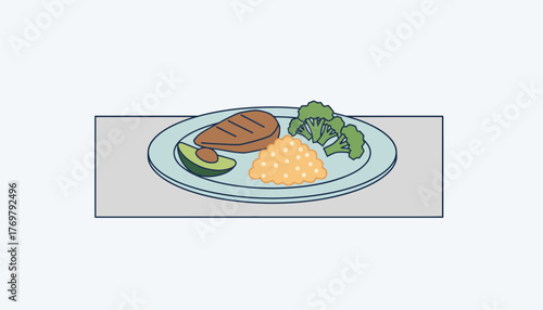 White plate displaying a balanced healthy meal with grilled chicken breast, steamed broccoli florets, fluffy rice, and a slice of fresh avocado, promoting wellbeing and fitness concepts