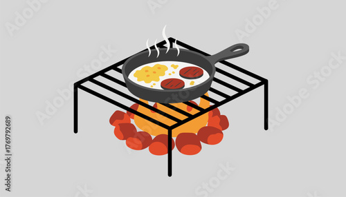 A campfire cooking grate positioned over glowing coals supporting a castiron skillet where breakfast is sizzling.