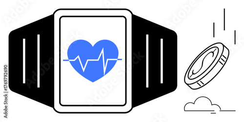 Smartwatch displaying heartbeat monitor beside a coin, representing fitness tracking, digital currency, wearable tech, health apps, lifestyle innovation, remote health, simple flat metaphor