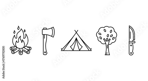 Collection of outline icons representing camping and outdoor activities, including a bonfire, axe, tent, tree, and knife, perfect for infographics, articles, books, flyers, and banners, with editable