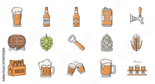 A vibrant and diverse collection of outline icons representing various aspects of beer and brewing, perfect for infographics, articles, books, flyers, and banners. This editable stroke vector cartoon