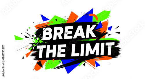Dynamic and bold "Break the Limit" typography design with vibrant neon green, electric blue, and fiery orange abstract shapes and brush strokes on a stark black background, conveying an energetic and
