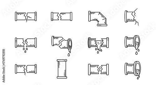 Broken pipes outline icon for graphics, designs, books, adverts, apps, vector cartoon illustration with a white background, ordered set, try to avoid.