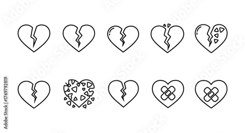 Set of modern outline style broken heart icons, representing heartbreak, sadness, and recovery, suitable for design elements on cards, apps, and social networks, presented as a vector cartoon