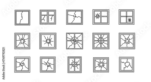 Set of 15 minimalistic vector icons and pictograms depicting various types of broken windows, shattered glass effects, and cracked panes, perfect for web design, graphic design, app interfaces