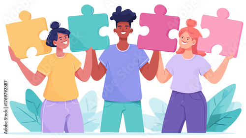 Three diverse individuals assemble colorful puzzle pieces, representing teamwork