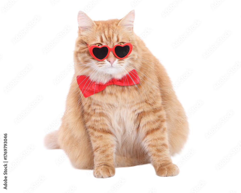 Obraz premium Cute ginger cat in red heart sunglasses and bow tie, isolated PNG on transparent background, funny Valentine pet clipart for cards, posters, and design projects.