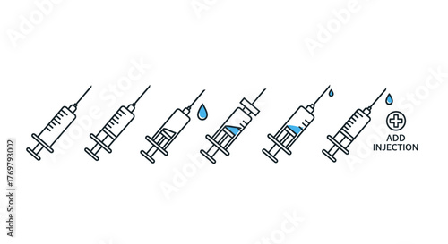 Minimalistic line art icons of syringes in a sequence, showing different stages of liquid fill and a drop falling, with a plus icon and 'ADD INJECTION' text, representing medical procedures