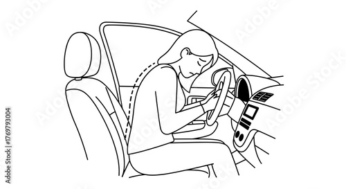 Sad woman driving in incorrect posture, side view, with a bad pose for her spine, emphasizing the flat, isolated, and incorrect positioning on the car seat, a visual representation of poor driving