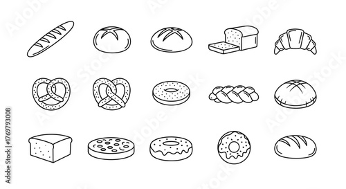A diverse collection of minimalistic line icons representing various types of bread and baked goods, including baguettes, pretzels, donuts, croissants, and loaves, presented in a clean, modern, and
