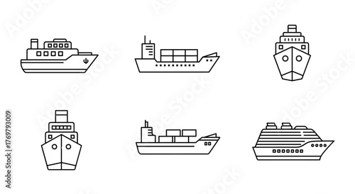 Collection of six simple linear outline vector illustrations of various ships, including passenger, cargo, and cruise vessels, perfect for web sites, books, cards, and apps, with editable stroke for