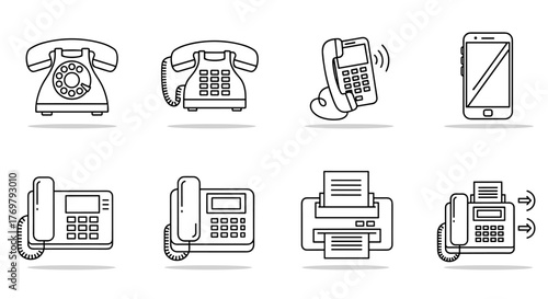 Collection of thin line icons representing various communication devices, including vintage rotary phones, modern desk phones, smartphones, and fax machines, all editable with a stroke suitable for