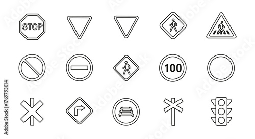 Collection of diverse road sign icons in a clean, outlined style, perfect for graphic design, web development, app interfaces, advertising, and various card designs, featuring stop signs, yield