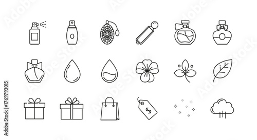 A minimalist collection of outline vector icons representing perfume bottles, fragrance elements, and related concepts, perfect for web and graphic design, apps, banners, social networks, and cards