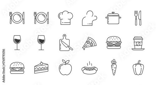 A collection of minimalistic linear icons representing various food and dining elements, including plates, cutlery, chef hats, cooking pots, wine glasses, pizza slices, burgers, coffee cups, cakes