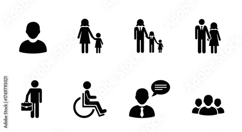 Collection of eight minimalist, flat, black and white vector icons representing diverse human figures and social interactions, isolated on a clean white background, suitable for web and print design.