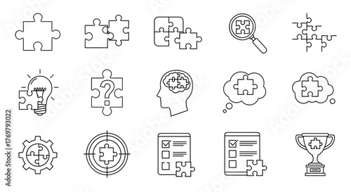 A comprehensive collection of outline puzzle icons, featuring editable strokes, perfect for infographics, articles, books, flyers, and banners, presented as a vector cartoon illustration with a white