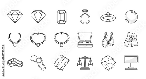 Set of jewelry-related line icons, featuring diamonds, gemstones, rings, necklaces, earrings, and a jewelry box, alongside other graphic elements like scales, steak, and a monitor, perfect for web