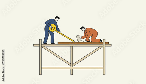 Two construction workers collaborate on a building project, with one measuring a wooden plank using a large measuring tape while the other prepares to lay a tile on the scaffolding platform