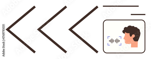Head profile with soundwave indicating speech, surrounded by system elements. Ideal for AI, digital assistant, voice technology, sound analysis, automation, innovation, simple flat metaphor