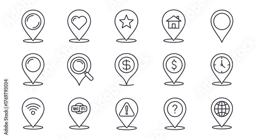 Set of map pin related line icons, outline signs for graphic and web design, apps, adverts, various cards, vector cartoon illustration with a white background. Collection of navigation symbols
