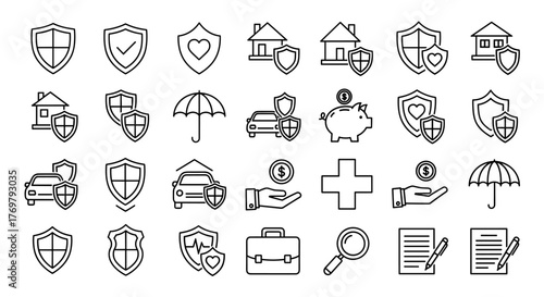 Collection of outline shield and insurance line icons, including house, car, umbrella, piggy bank, heart, medical cross, hand with coin, briefcase, magnifying glass, and document with pen, perfect