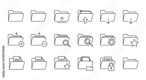 Set of minimalistic linear pictograms representing computer folders with editable strokes, including icons for adding, removing, uploading, downloading, searching, settings, favorites, locked files