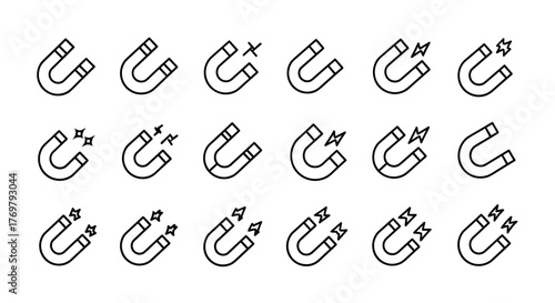 High-quality, editable single-line icon of a magnet on an isolated white background, perfect for mobile apps, web design, websites, online shops, and more. This versatile vector graphic offers a