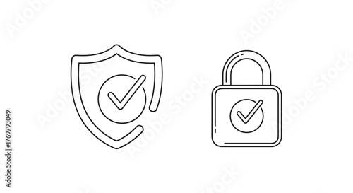 A clean and modern vector illustration featuring two essential security icons: a shield with a checkmark and a padlock with a checkmark, presented in a minimalist outline style, perfect for graphic