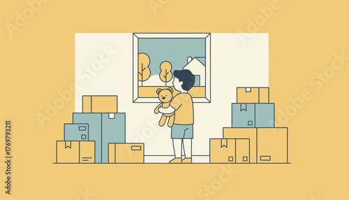 A child holding a stuffed animal looking out the window of their room while piles of boxes accumulate around them.