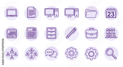 Modern workspace icon set in purple outline style on light round buttons with purple shadow, perfect for web, mobile apps, UI design, and print. Includes icons for laptop, document, computer, folder