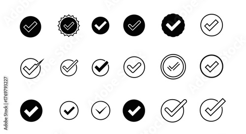 A collection of 18 distinct check mark icons, each enclosed within a circle, presented in a clean, ordered line icon set. These versatile vector illustrations feature a white outline on a black