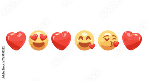 A vibrant collection of 3D emoji icons expressing love and affection, including hearts and kissing faces, presented in a clean, ordered set against a stark black background, perfect for digital