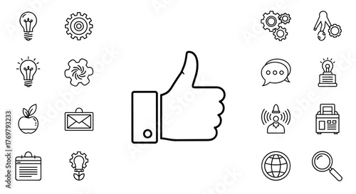 A collection of white line icons on a black background, featuring a prominent thumbs-up symbol, lightbulbs, gears, an apple, an envelope, a clipboard, a speech bubble, a trophy, a person with radio