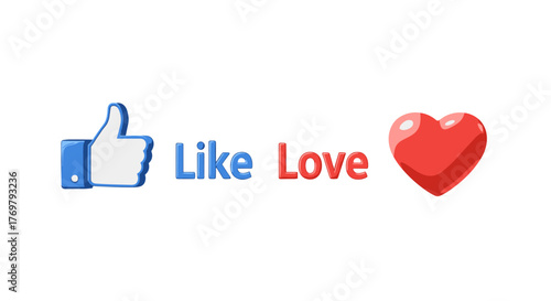 Vibrant 3D social media icons featuring a blue 'Like' thumb and a red heart, symbolizing approval and affection, set against a clean white background for versatile design applications.
