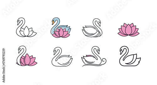 Elegant Swan and Lotus Flower Logo Collection: A Set of Vector Cartoon Illustrations and Line Icons, Showcasing Graceful Swans and Blooming Lotuses in Various Styles, Perfect for Branding and Design