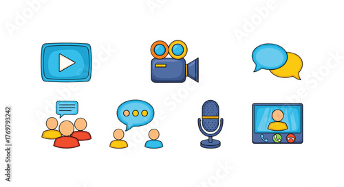 Vibrant cartoon vector illustration set featuring icons for video communication, including a play button, vintage camera, chat bubbles, group discussion, microphone, and video call interface, perfect