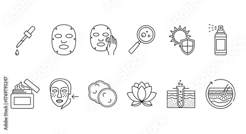 Monochromatic line art icon set for skincare and beauty treatments, featuring essential elements like serums, face masks, creams, and scientific research, perfect for health and wellness branding.