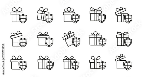 Set of 15 outline icons representing a gift box with a shield, symbolizing security, protection, and safe delivery of presents, presented in a modern, minimalist style on a white background, perfect
