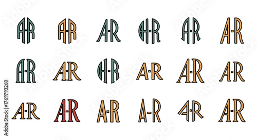 Set of 16 unique AR monograms and logos in various vintage and art deco styles, featuring serif fonts and distinct color palettes including teal, gold, and red, perfect for branding and design