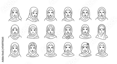 Set of 18 minimalist line art illustrations of women wearing hijabs, showcasing diverse facial expressions and hijab styles. This vector cartoon collection features clean white outlines on a black