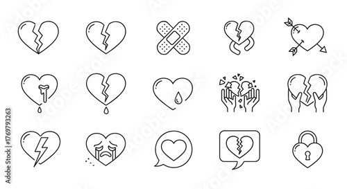 Collection of broken heart related line icons, outline signs for graphic and web design, apps, adverts, various cards, vector cartoon illustration with love symbols and emotions, representing