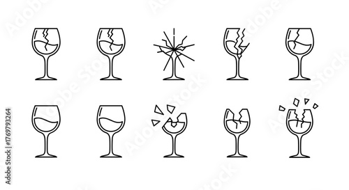 Set of eight minimalist line art icons depicting broken wine glasses, symbolizing celebration, parties, and events. These linear pictograms are perfect for web design, graphic design, apps, banners