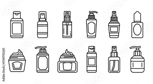 Collection of cosmetic bottles and containers, including pump dispensers, spray bottles, and jars with cream, isolated on a black background. This vector illustration is perfect for web, books