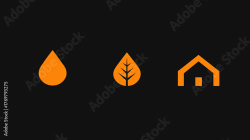 Three orange minimalist icons a drop, a leaf with veins, and a house on black