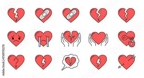 Collection of Red Broken Heart Icons with Black Background: A Visual Representation of Love, Sadness, and Healing, Featuring Cracked Hearts, Bandaged Hearts, Crying Hearts, Question Mark Hearts