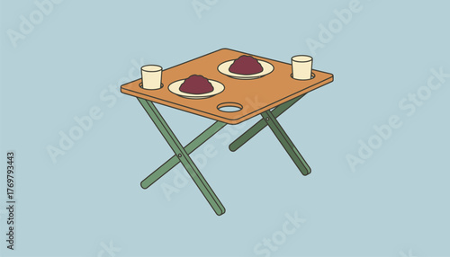 A compact camping table set with a meal featuring a folding design and builtin cup holders ideal for outdoor dining.
