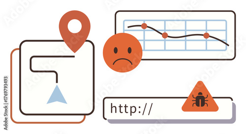 Route misdirection, sad face, downward trend, bug warning on URL bar. Ideal for cybersecurity, navigation error, data loss, online risks website threats analytics warning concepts. Clean flat