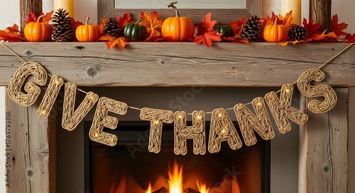 Give thanks banner on mantel with pumpkins, gourds, and fall leaves for thanksgiving celebration